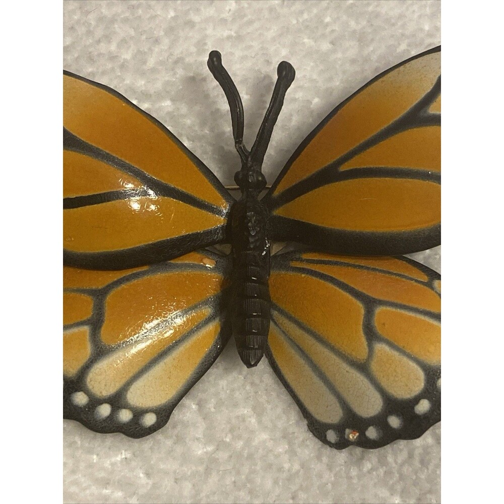 Goldtone Monarch Butterfly Brooch Black Orange Yellow Tiered Wings Glossy Finish - Picture 2 of 7